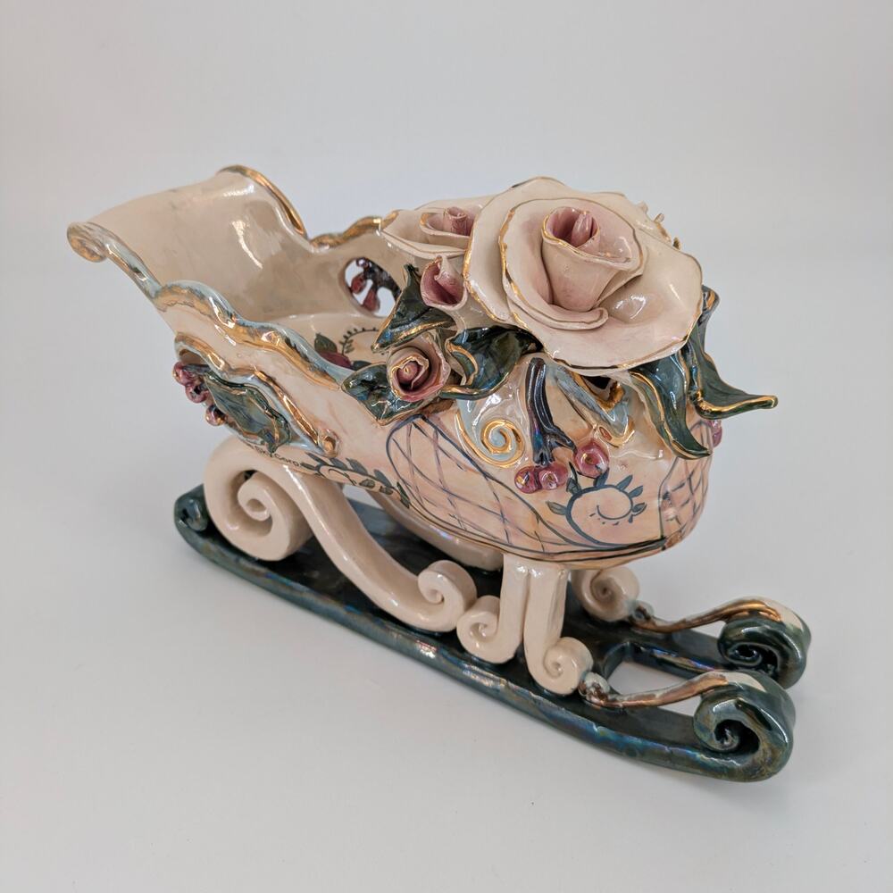 Blue Sky Heather Goldminc Rose Sleigh Candle Holder Centerpiece Floral Holiday